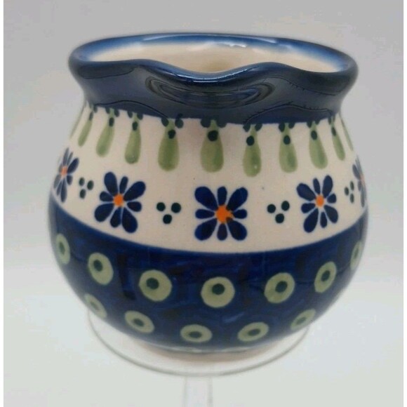 3” Boleslawiec Polish Pottery Small Creamer Pitcher Hand Made Poland Blue Green - Picture 2 of 7